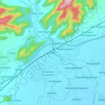 Mapa topográfico Tuni, altitud, relieve