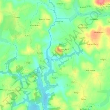 Mapa topográfico Kerfur, altitud, relieve