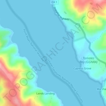 Mapa topográfico Tomales Bay, altitud, relieve