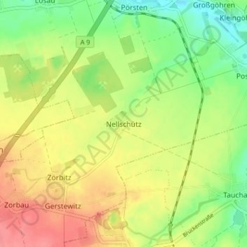 Mapa topográfico Nellschütz, altitud, relieve