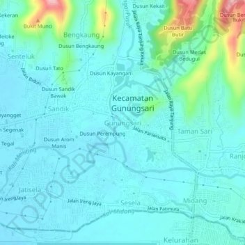 Mapa topográfico Gunungsari, altitud, relieve