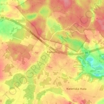 Mapa topográfico Kamień, altitud, relieve