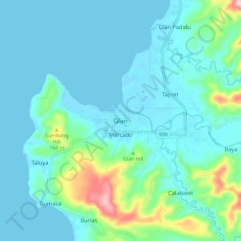 Mapa topográfico Glan, altitud, relieve