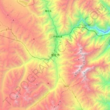 Mapa topográfico Kangding, altitud, relieve