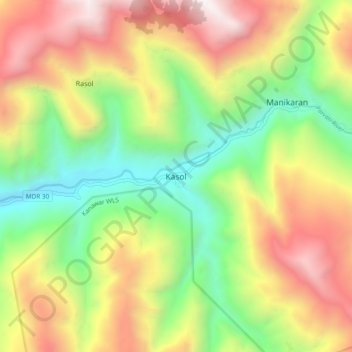 Mapa topográfico Kasol, altitud, relieve
