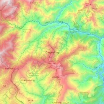 Mapa topográfico Darjeeling, altitud, relieve