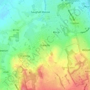 Mapa topográfico Greasby, altitud, relieve