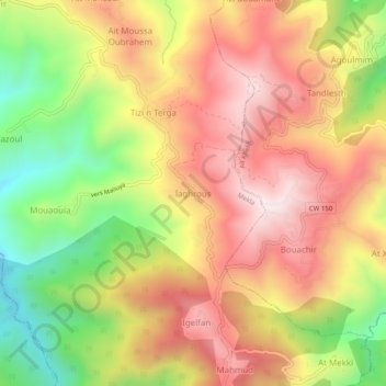 Mapa topográfico Laghrous, altitud, relieve