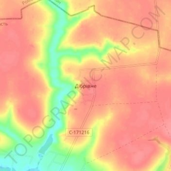 Mapa topográfico Dibrivne, altitud, relieve