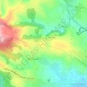 Mapa topográfico Cueva de Altamira, altitud, relieve