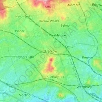 Mapa topográfico Harrow, altitud, relieve
