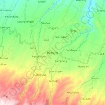 Mapa topográfico Bawang, altitud, relieve