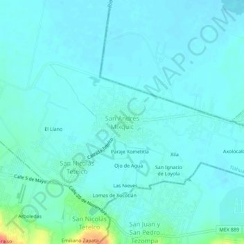 Mapa topográfico San Andrés Mixquic, altitud, relieve