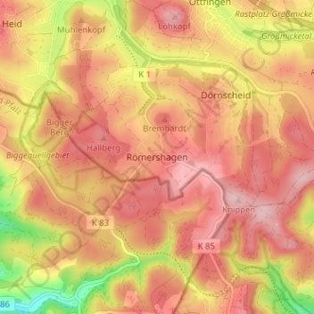 Mapa topográfico Römershagen, altitud, relieve