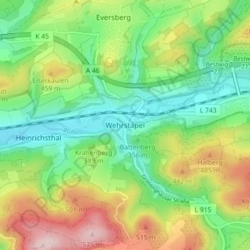 Mapa topográfico Wehrstapel, altitud, relieve