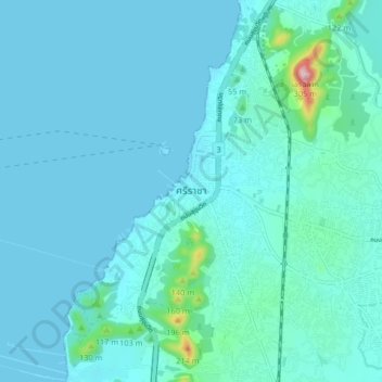 Mapa topográfico Si Racha, altitud, relieve