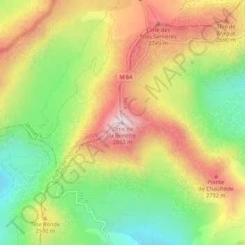 Mapa topográfico Cime de la Bonette, altitud, relieve