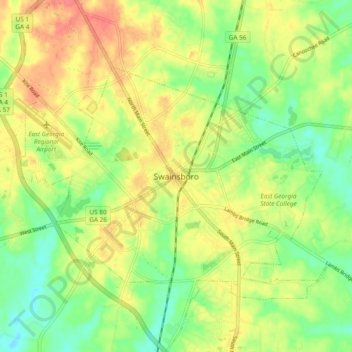 Mapa topográfico Swainsboro, altitud, relieve