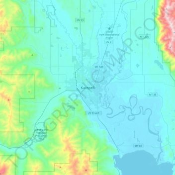 Mapa topográfico Kalispell, altitud, relieve