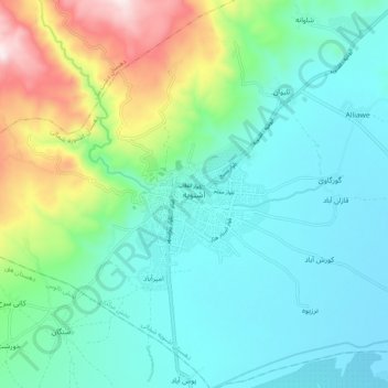 Mapa topográfico Oshnaviyeh, altitud, relieve