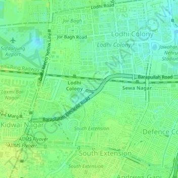 Mapa topográfico Tyagraj Nagar, altitud, relieve