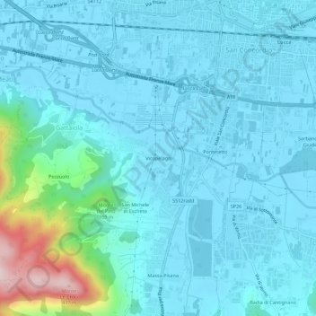 Mapa topográfico Vicopelago, altitud, relieve