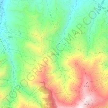 Mapa topográfico Karaca, altitud, relieve