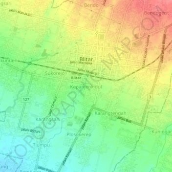Mapa topográfico Kepanjenkidul, altitud, relieve