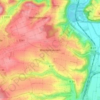 Mapa topográfico Weidenhausen, altitud, relieve