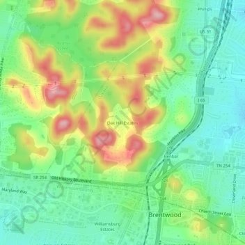 Mapa topográfico Oak Hill Estates, altitud, relieve