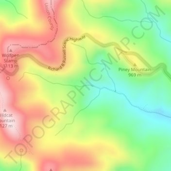 Mapa topográfico Raven Cliff Falls, altitud, relieve