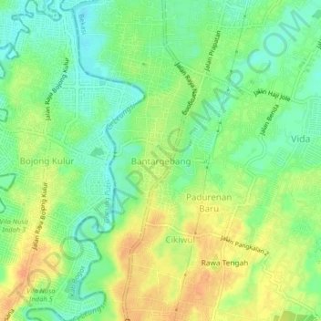 Mapa topográfico Bantargebang, altitud, relieve