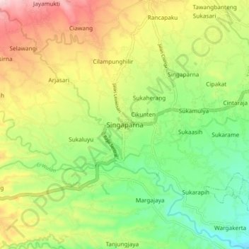 Mapa topográfico Singaparna, altitud, relieve