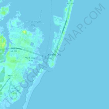 Mapa topográfico Ocean City, altitud, relieve
