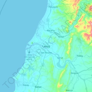 Mapa topográfico Laoag, altitud, relieve
