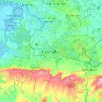 Mapa topográfico Storrington, altitud, relieve