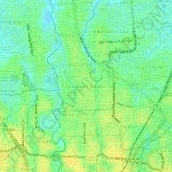 Mapa topográfico Sukabumi Selatan, altitud, relieve