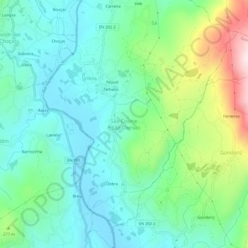 Mapa topográfico São Cosme e São Damião, altitud, relieve