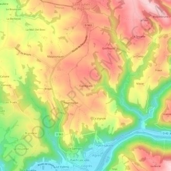 Mapa topográfico Carrègues, altitud, relieve
