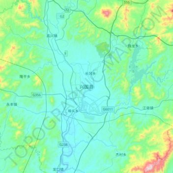 Mapa topográfico Xingguo, altitud, relieve