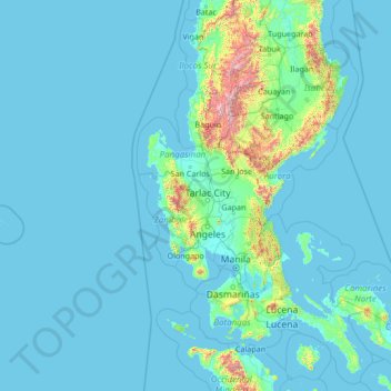 Mapa topográfico Tarlac, altitud, relieve