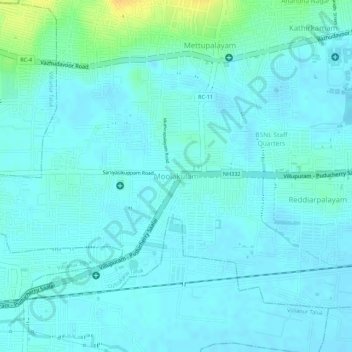 Mapa topográfico moolakulam, altitud, relieve