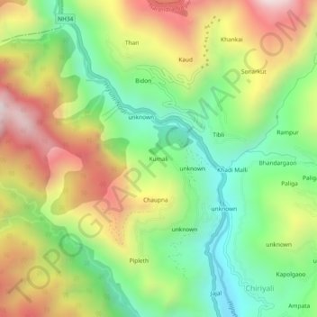 Mapa topográfico Kumali, altitud, relieve