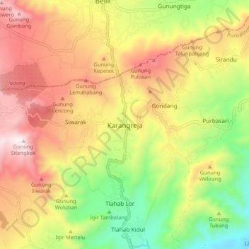 Mapa topográfico Karangreja, altitud, relieve