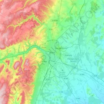 Mapa topográfico Dijon, altitud, relieve