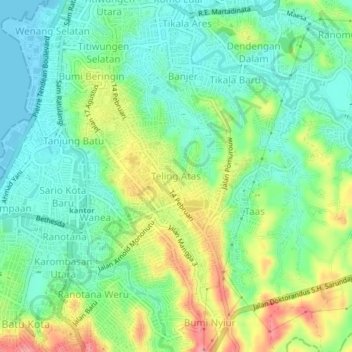 Mapa topográfico Teling Atas, altitud, relieve