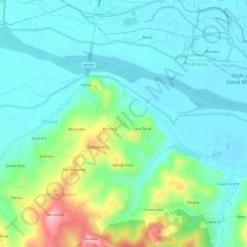 Mapa topográfico Cascine, altitud, relieve