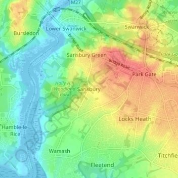 Mapa topográfico Sarisbury, altitud, relieve