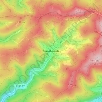 Mapa topográfico Günsterode, altitud, relieve