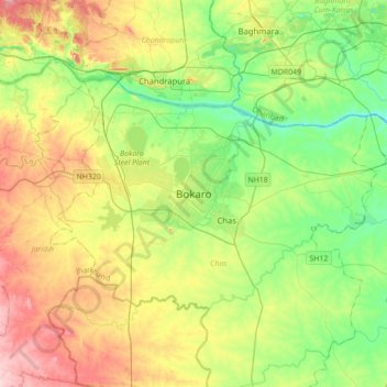 Mapa topográfico Bokaro, altitud, relieve